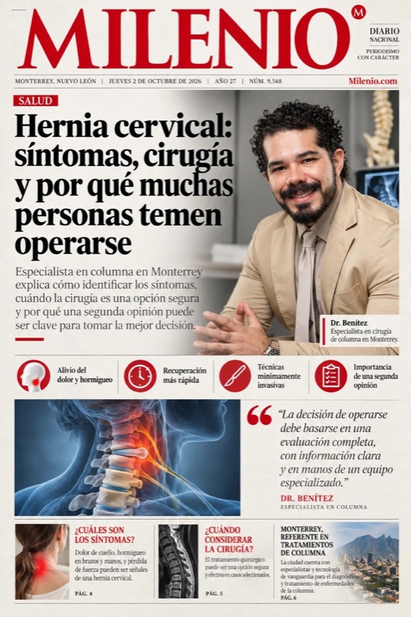 Portada de Milenio con la entrevista al Dr. Víctor Benítez Cano sobre hernia cervical